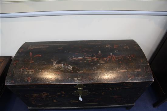 An early 18th century black japanned dome top trunk, W.3ft 9in. D.1ft 8in. H.2ft 5in.